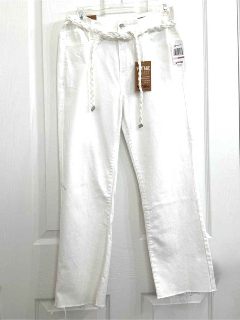 NWT Women's White High-Rise Flare Ankle Jeans with Braided Belt
